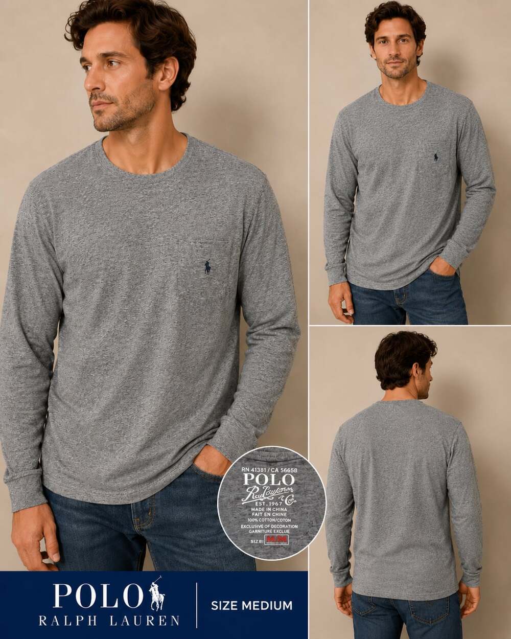 Polo Ralph Lauren Men’s Medium Gray Long Sleeve T-Shirt Pony Logo Cotton